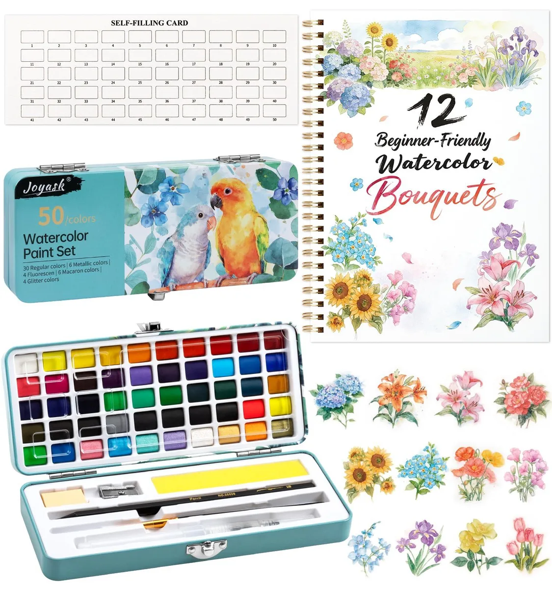  Joyask Watercolor Workbook Bouquets 50 Colors 12 Patterns 14+ — product photo