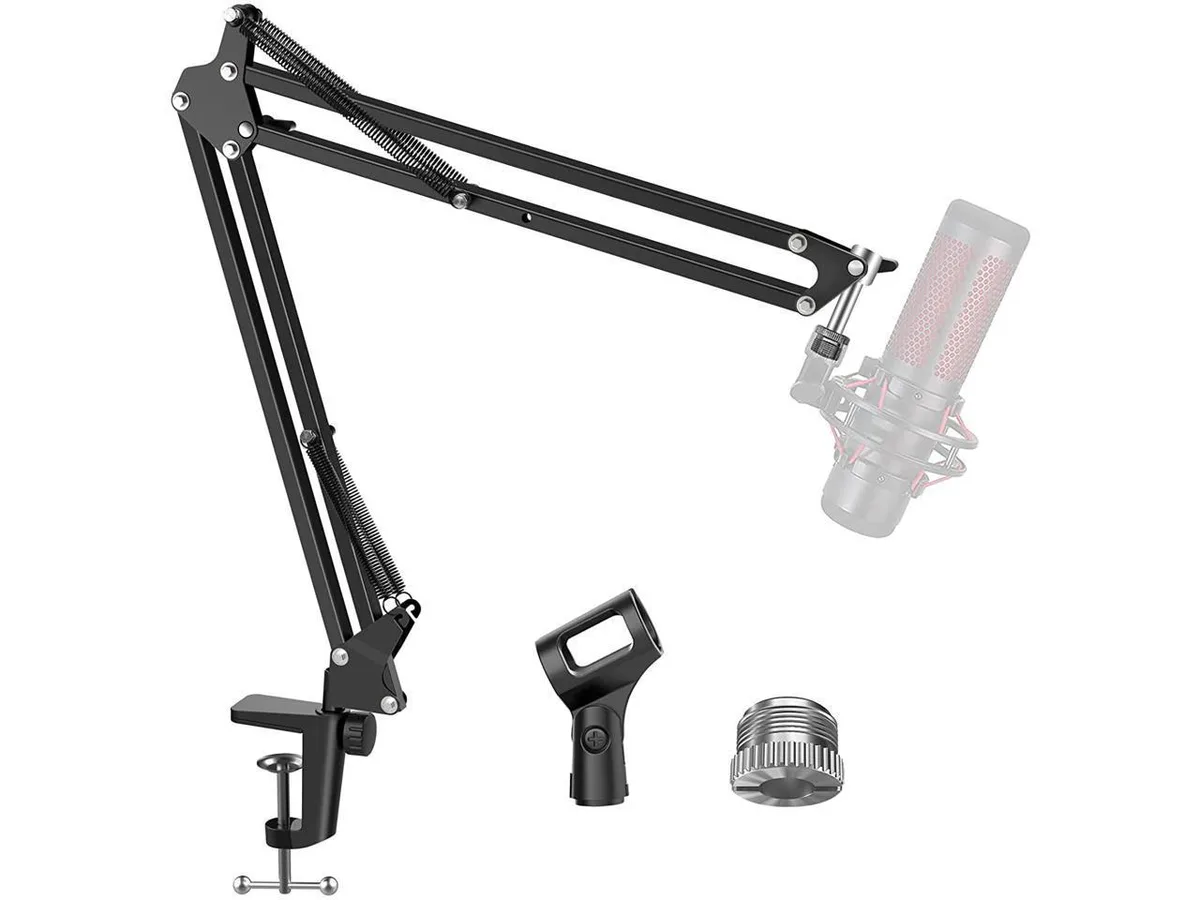Black steel microphone boom arm with desk clamp and adjustable joints