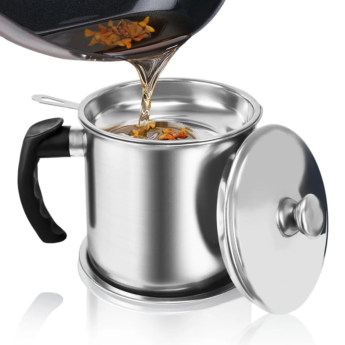 Red stainless steel grease container with strainer and anti-slip coaster, 1.3L capacity