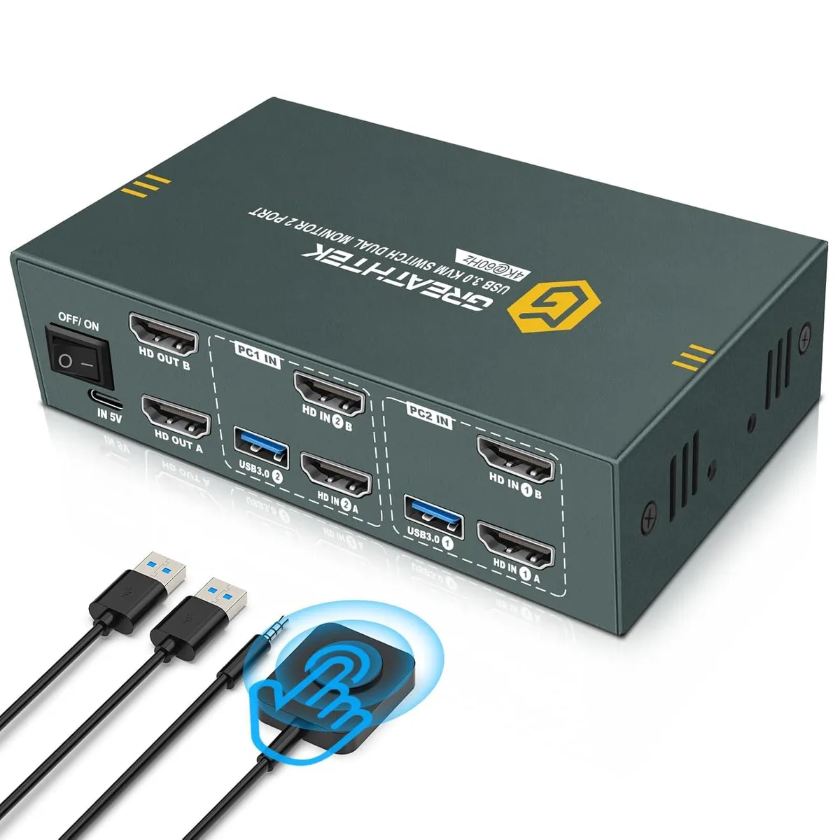 GCROWN GCROWN HDMI KVM Switch Dual Monitor 2 Computers 4K@60Hz USB 3.0 3 Ports — product photo