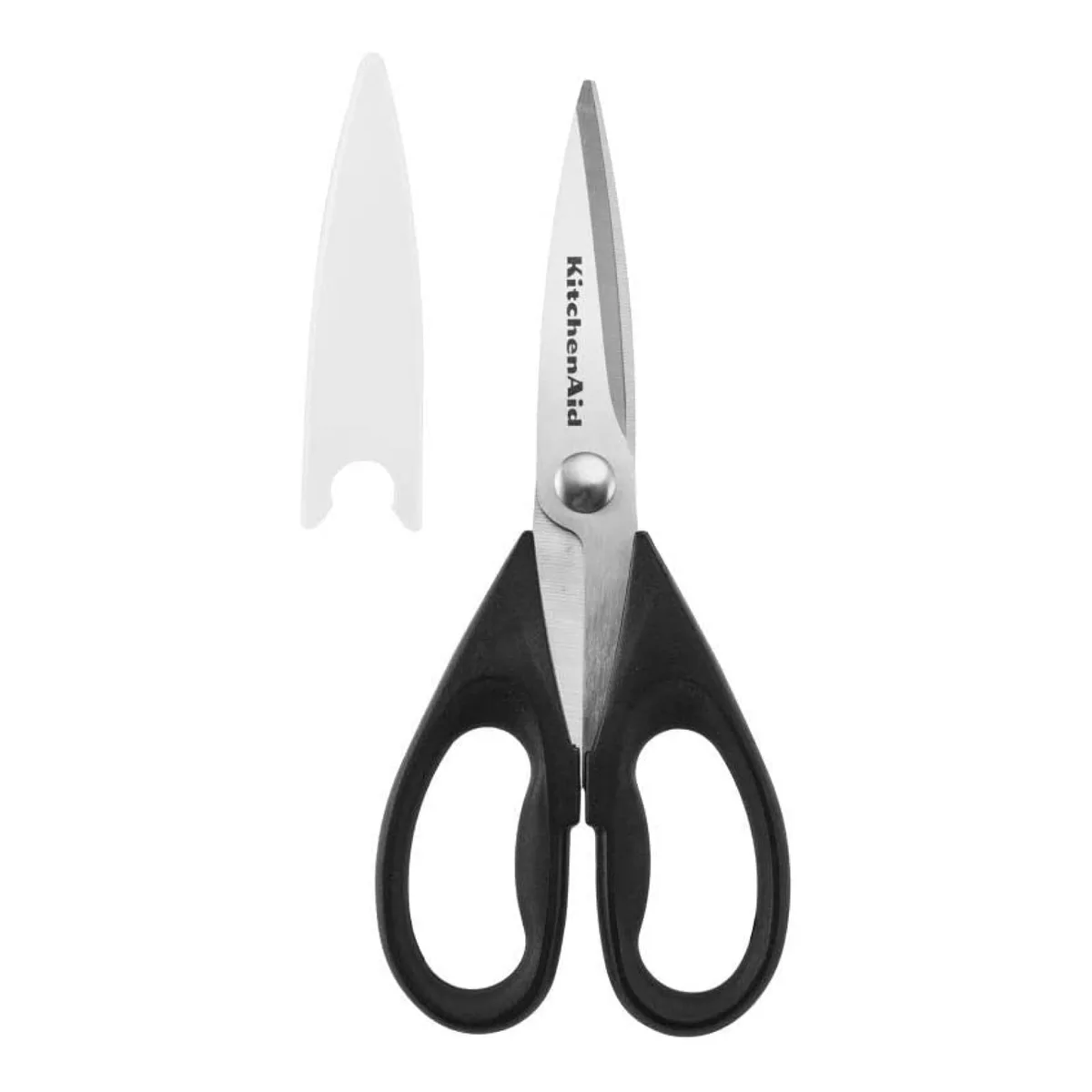 KitchenAid black all-purpose shears with soft-grip handles and protective sheath