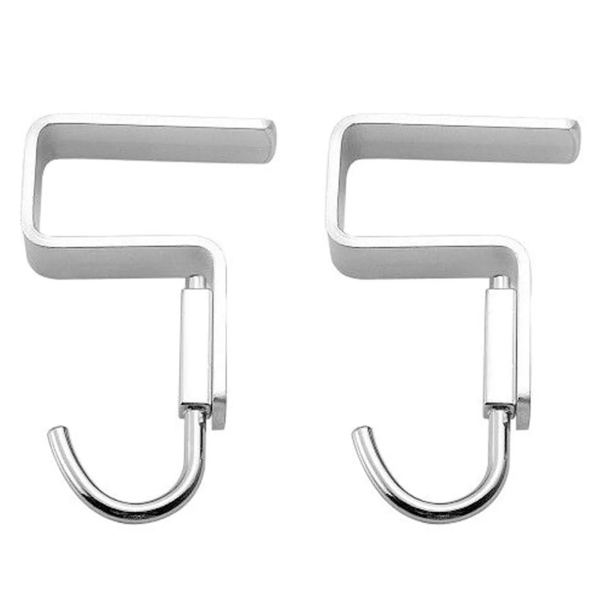 Two silver aluminium desk hooks clipped to a table edge