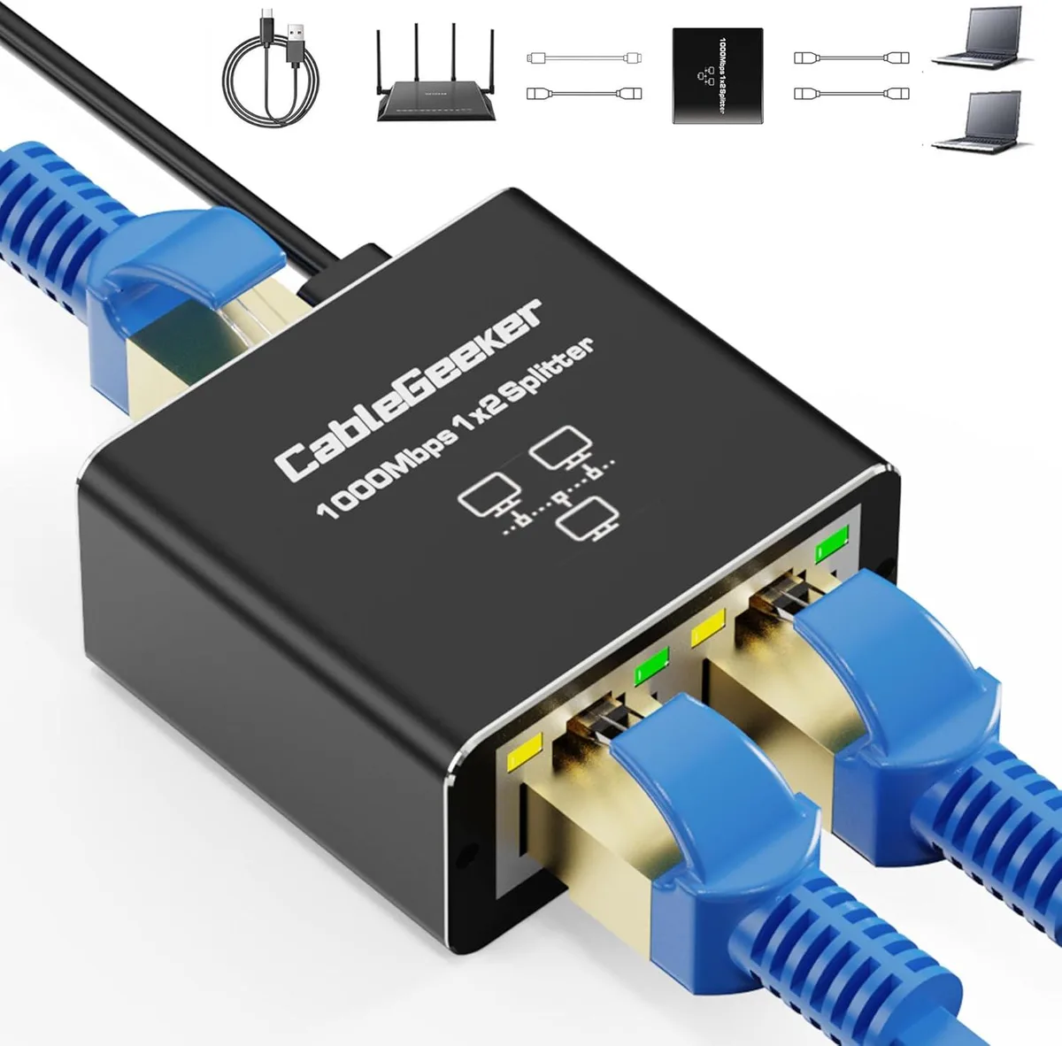GCROWN GCROWN RJ45 Ethernet Splitter 1000Mbps 1 to 2 USB Powered — product photo