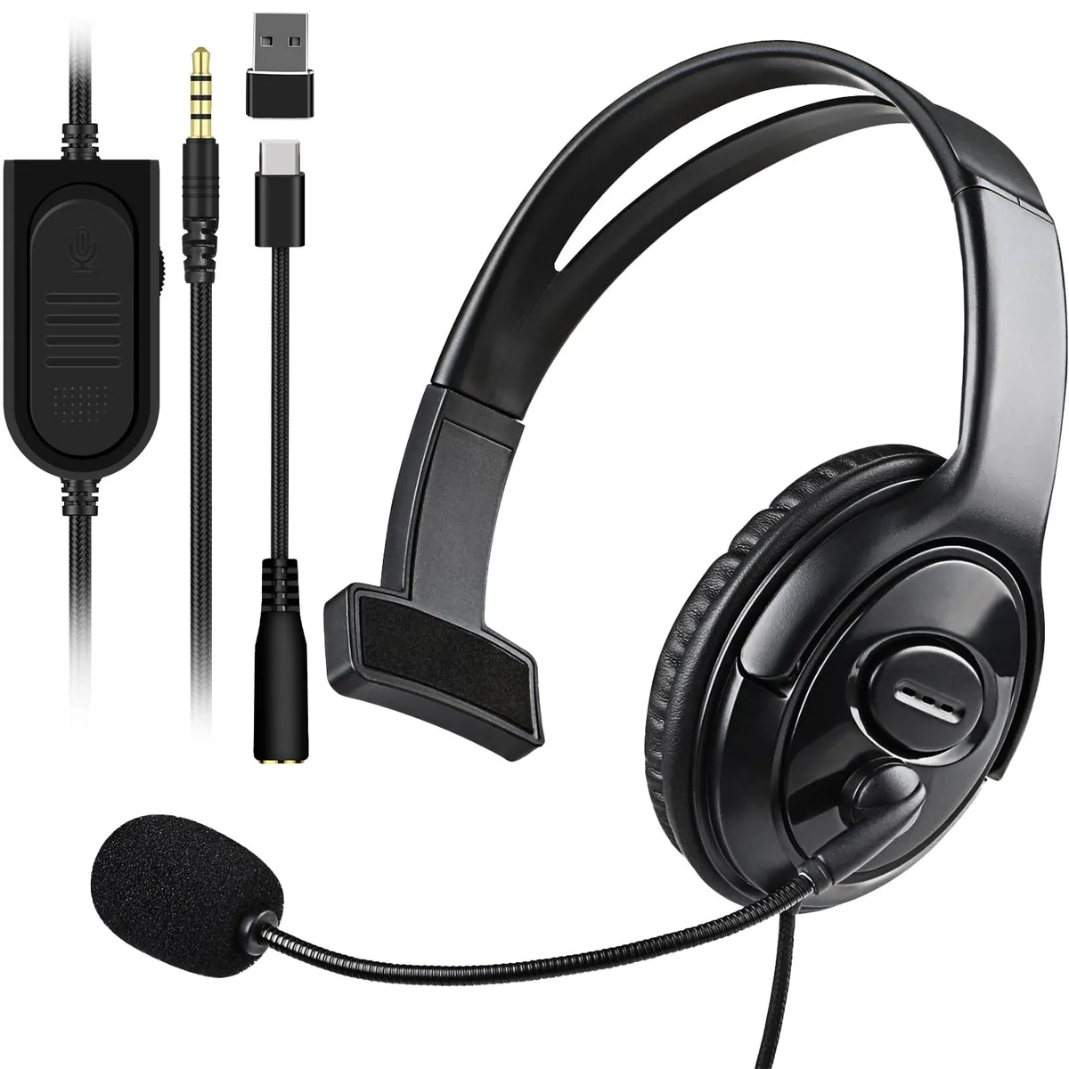  Joso CO25-1 Unilateral Headset Graphite 3.5mm 40mm 32ohm 270° mic USB-C USB-A adapter — product photo
