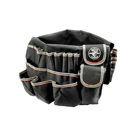 Black and orange polyester bucket organizer with 45 pockets, fits five-gallon bucket