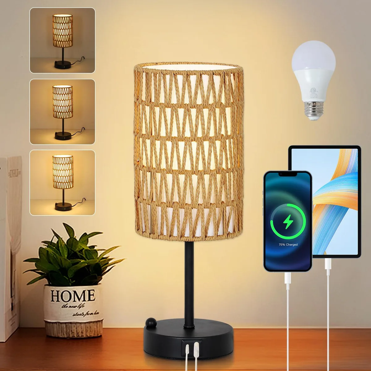 Cylindrical painted base with rattan shade, USB ports, touch switch