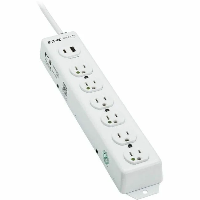 Tripp Lite Tripp Lite Safe-IT Medical-Grade Power Strip 6 Outlets USB-A USB-C 2 ft Cord White — product photo
