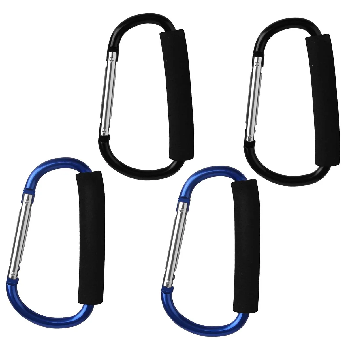 Four aluminium D-shape carabiners, two black two blue, foam-padded gates, 5.5 inch long