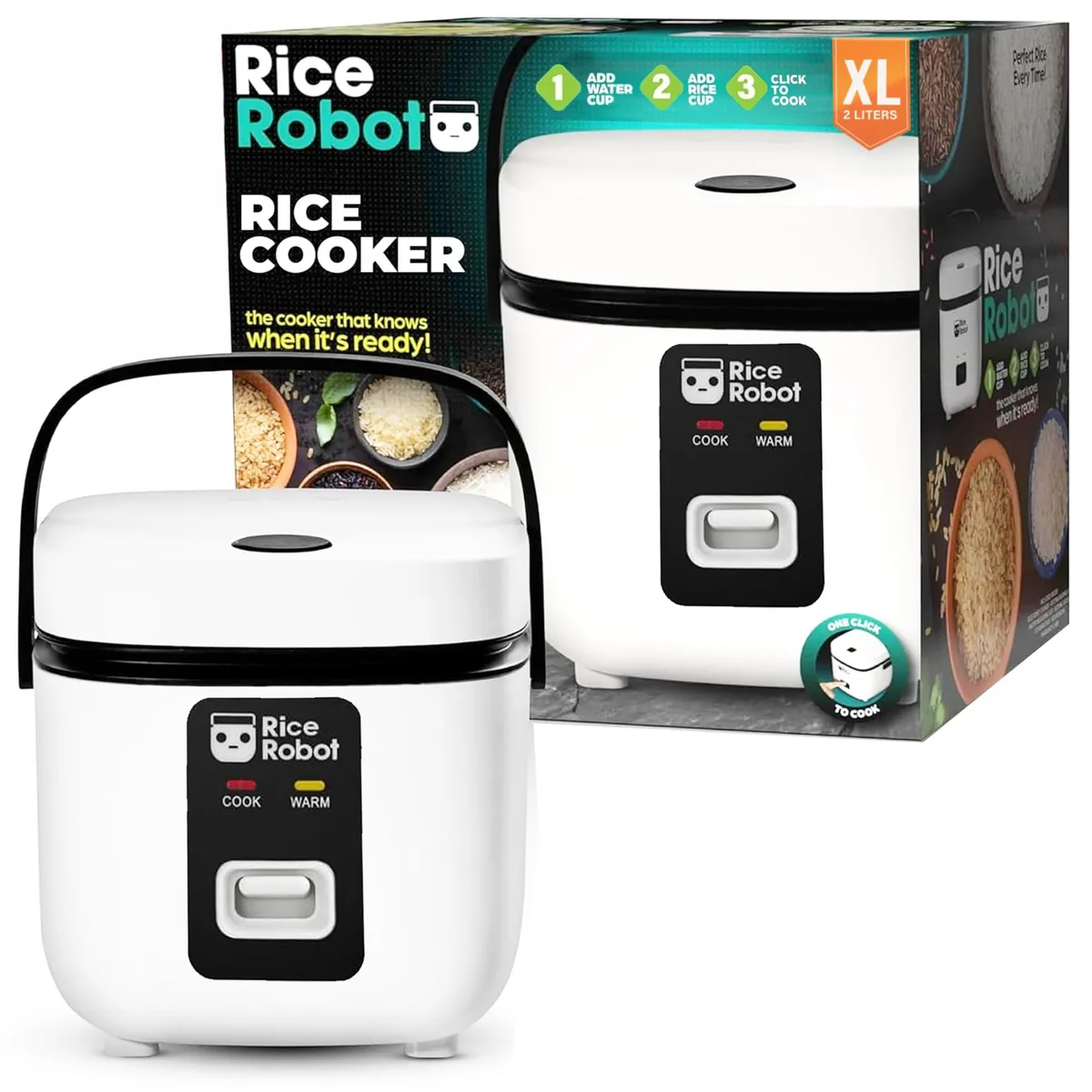 White 4-cup electric rice cooker with ceramic inner pot and stainless steel steamer tray