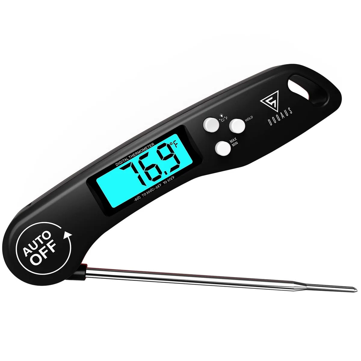 Black digital thermometer with 180-degree rotating display and foldable probe