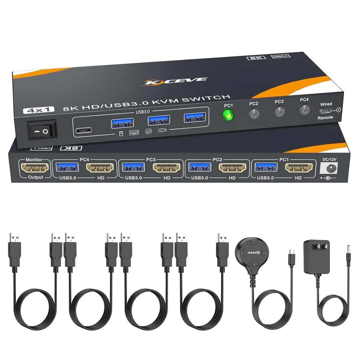 Hitoor Hitoor 4-Port HDMI 2.1 KVM Switch 8K@60Hz 4K@144Hz USB 3.0 Wired Remote — product photo