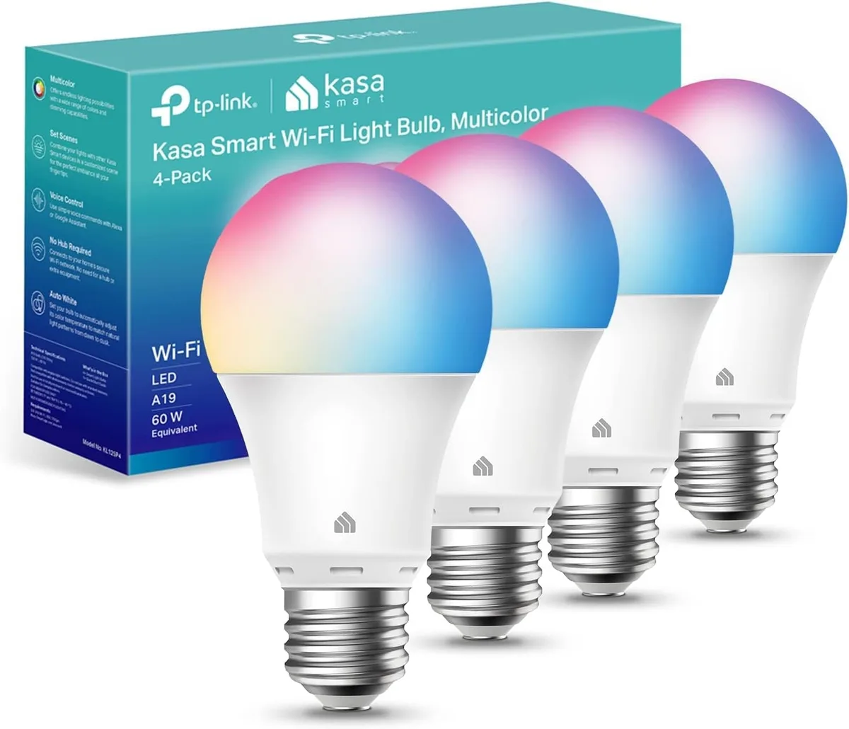 Kasa Smart WiFi LED Light Bulb Multicolor 9W 800lm 4-Pack KL125P4 — product photo