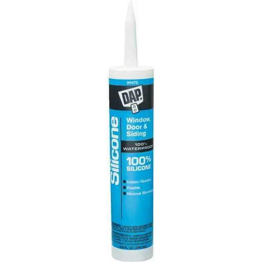 White silicone sealant cartridge labelled DAP 9.8 oz