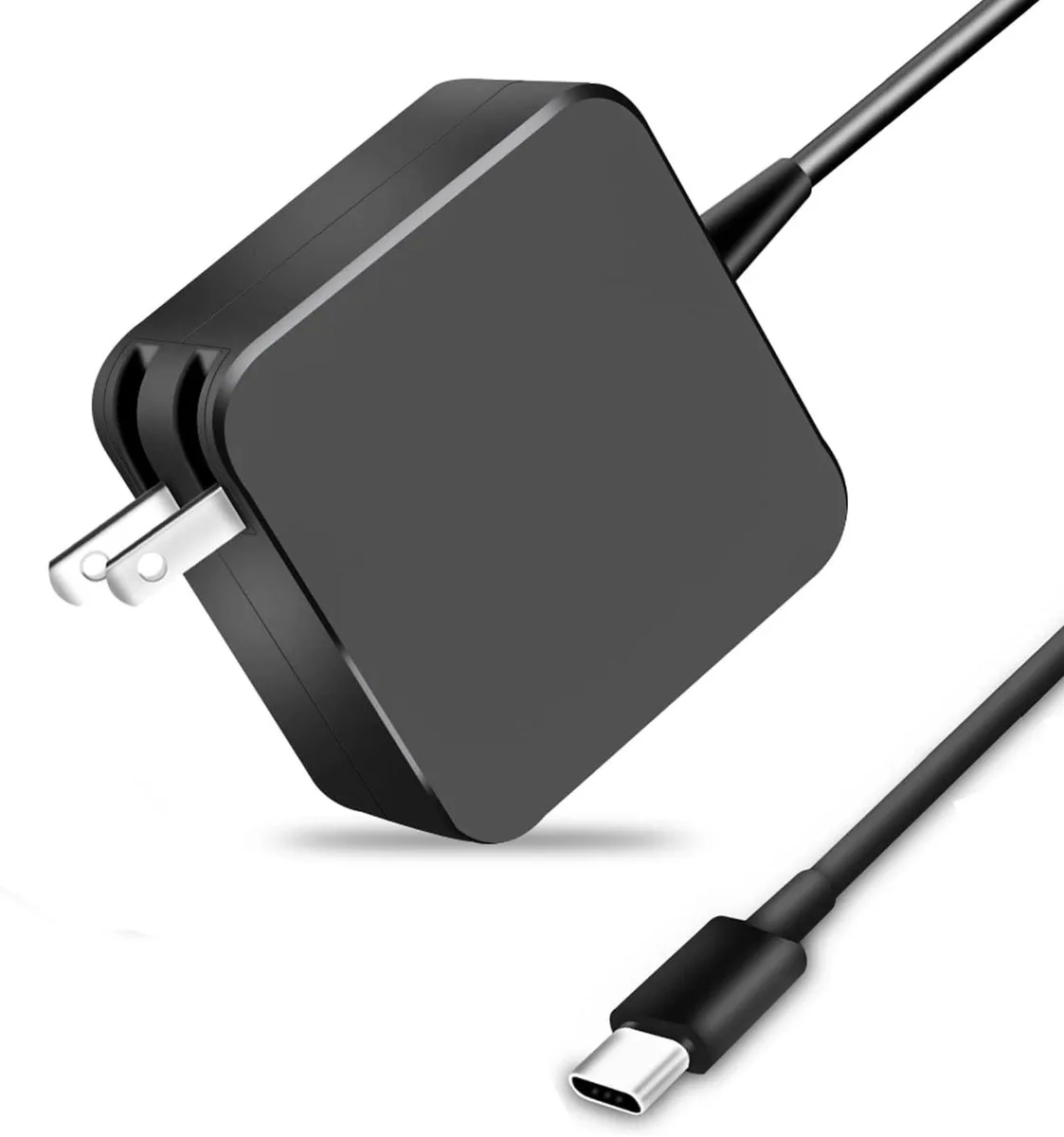 Compact square USB-C power adapter with 1.8 m cable, matte finish, 2.67 by 2.67 by 1.1 inches