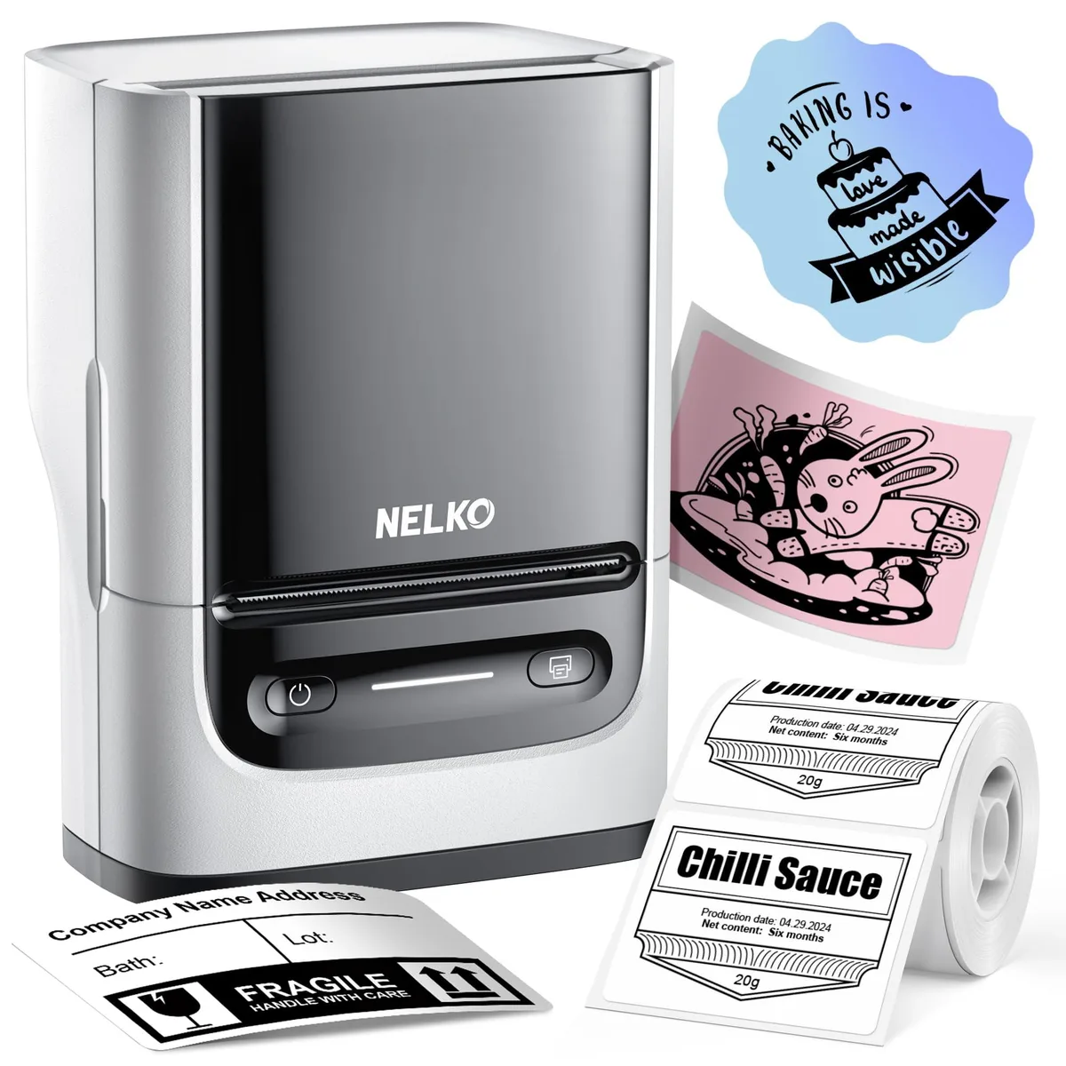 White rectangular thermal label printer with rounded edges and a roll compartment visible