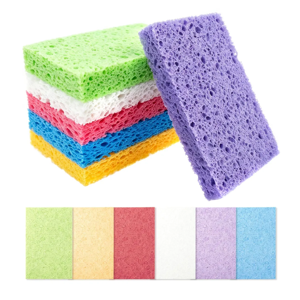 Twelve compressed cellulose sponges in multicolour stack, dry and flat