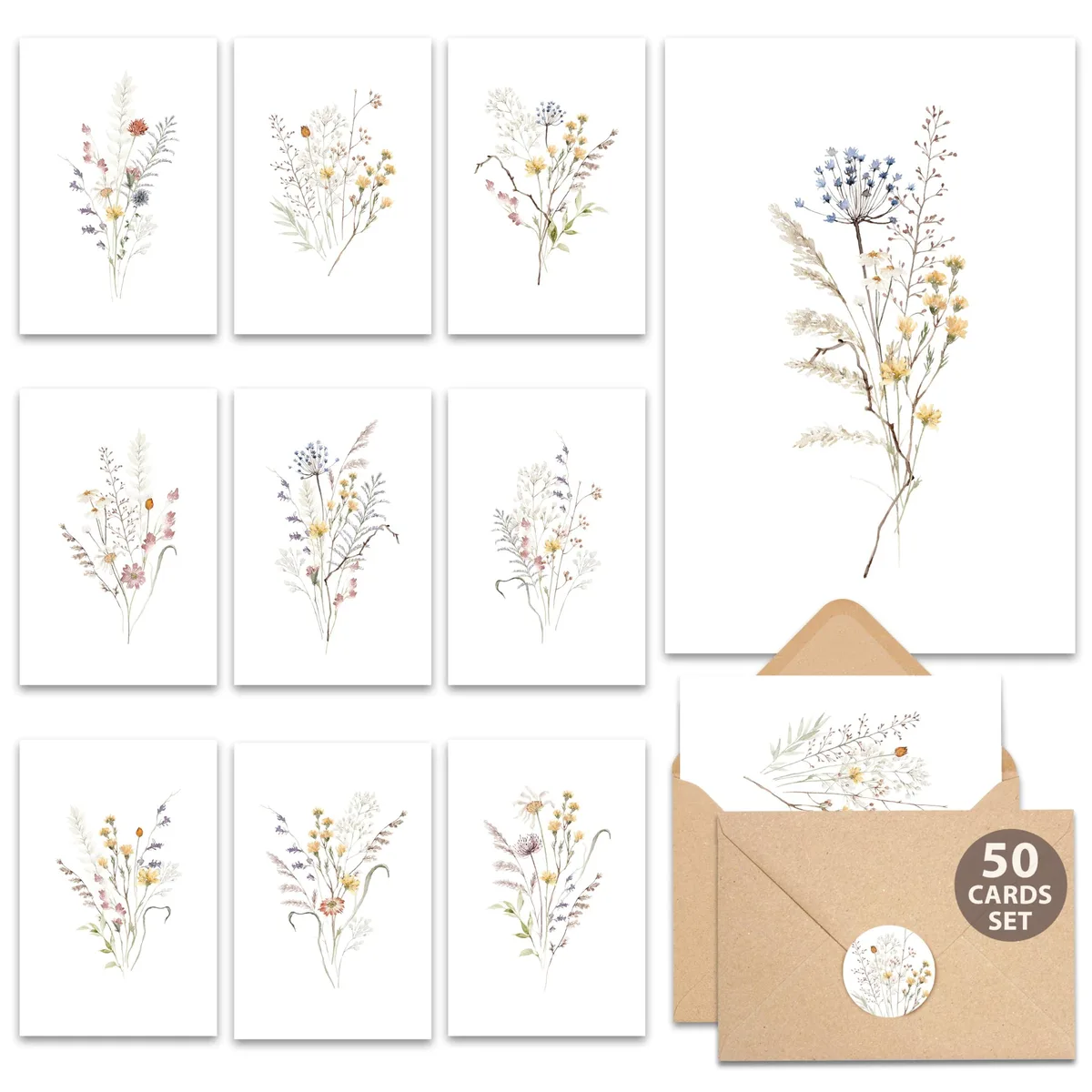 Boxed set of 50 watercolor wildflower blank cards with kraft envelopes and stickers