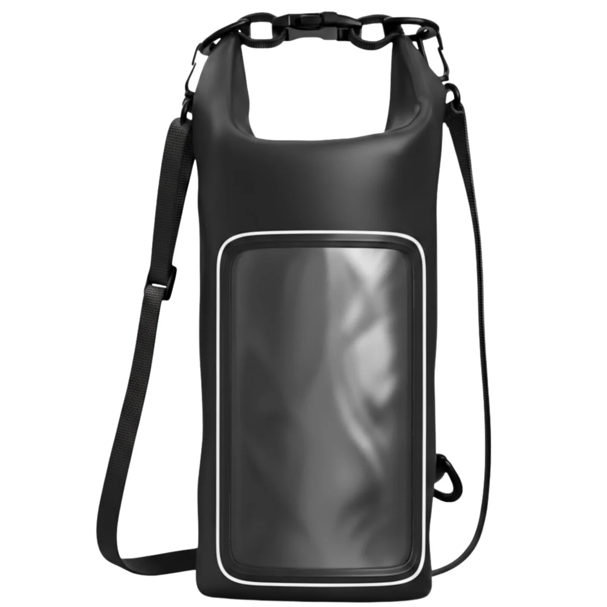Black nylon waterproof floating backpack with clear phone window and roll-top closure