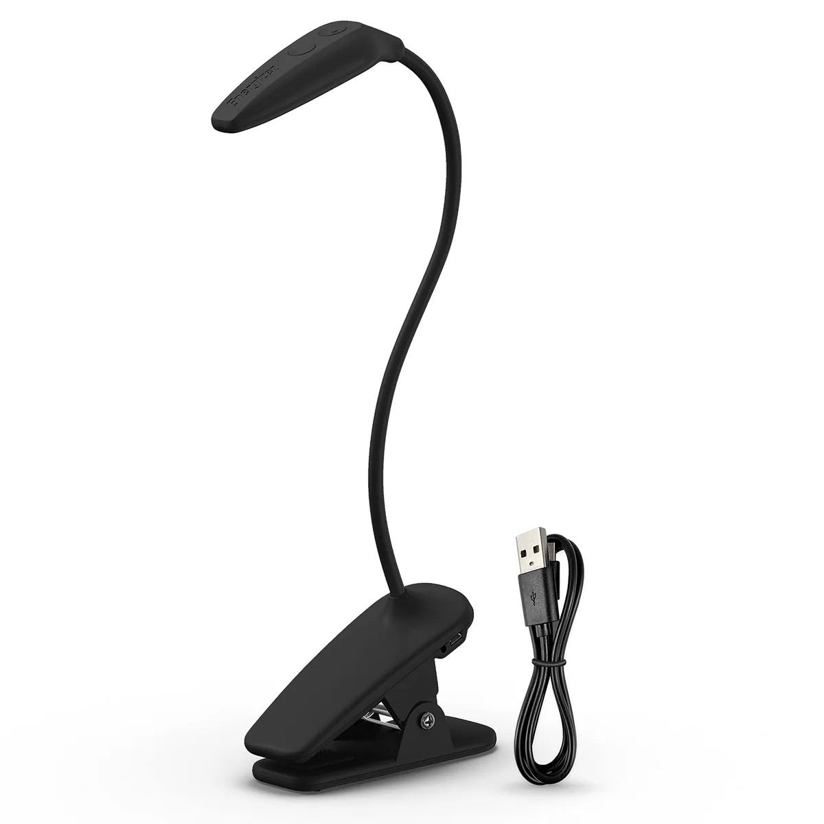 Black rechargeable LED clip light with flexible gooseneck and USB cable