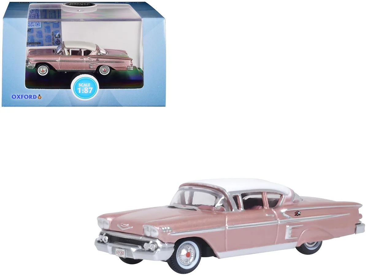 Oxford Diecast Oxford Diecast 1958 Chevrolet Impala Sport Cay Coral Pink Metallic White Top 1/87 Scale Diecast Car — product photo