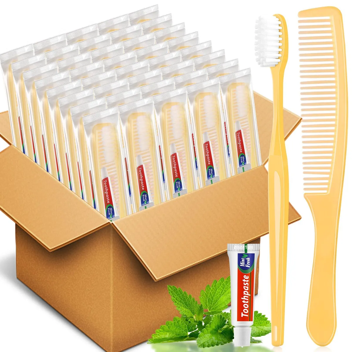 Yellow disposable toothbrush with toothpaste and comb in individual wrapper