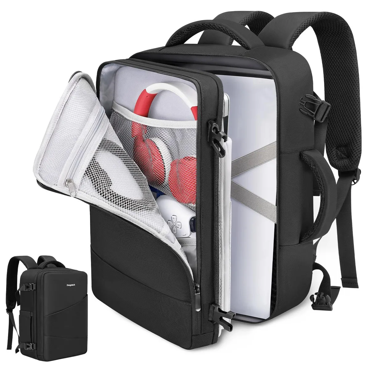 Black polyester gaming backpack with padded PS5 compartment and laptop sleeve