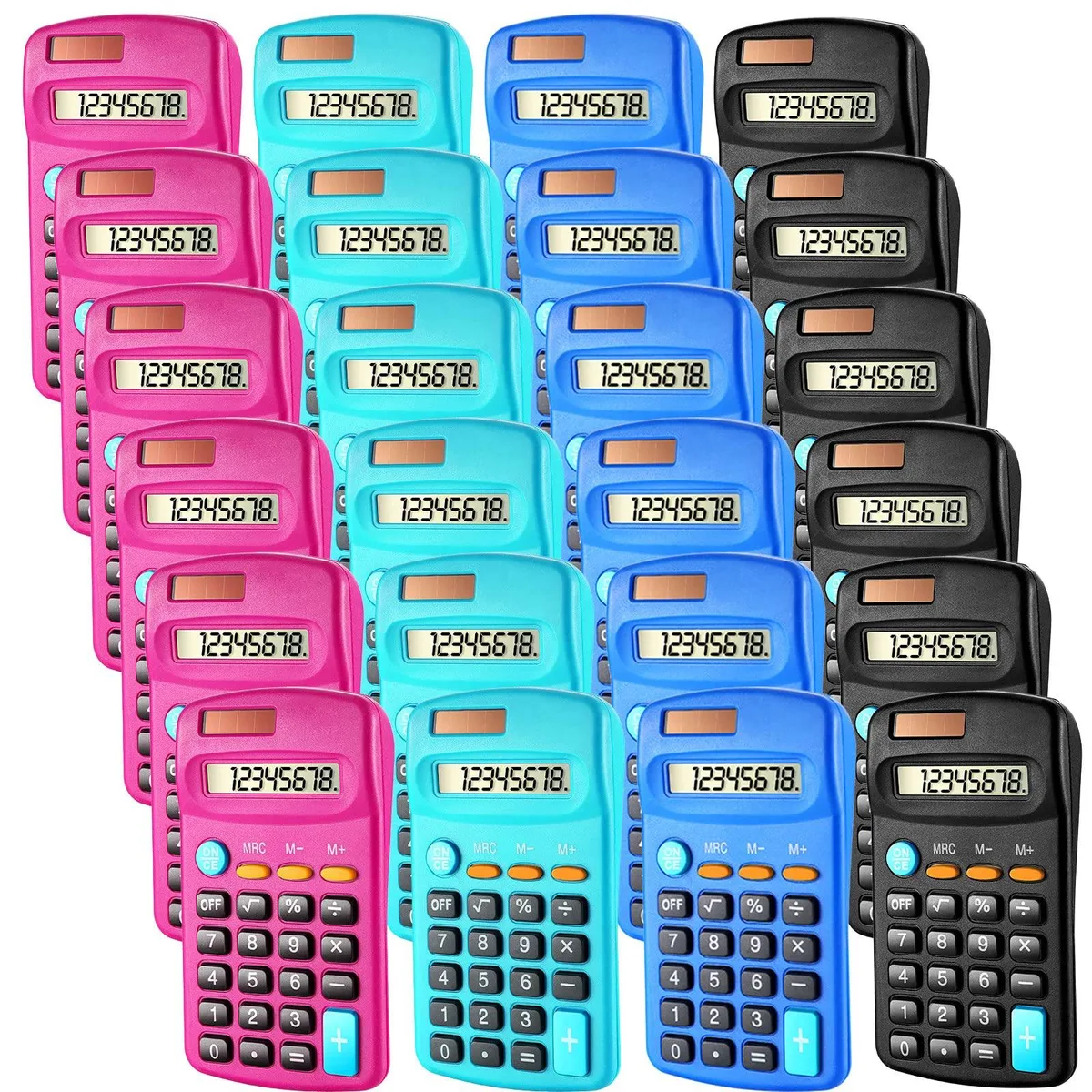 Twenty-four pocket calculators in assorted fresh colours, dual solar and battery powered, eight-digit display