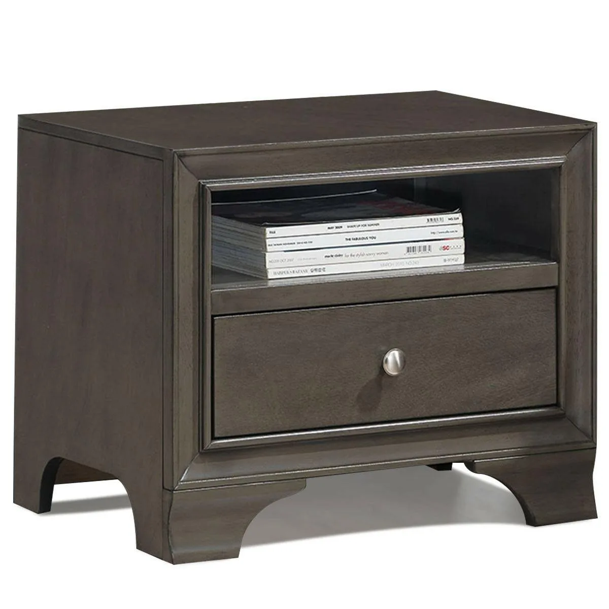Grey square nightstand with one drawer, open cube and USB port