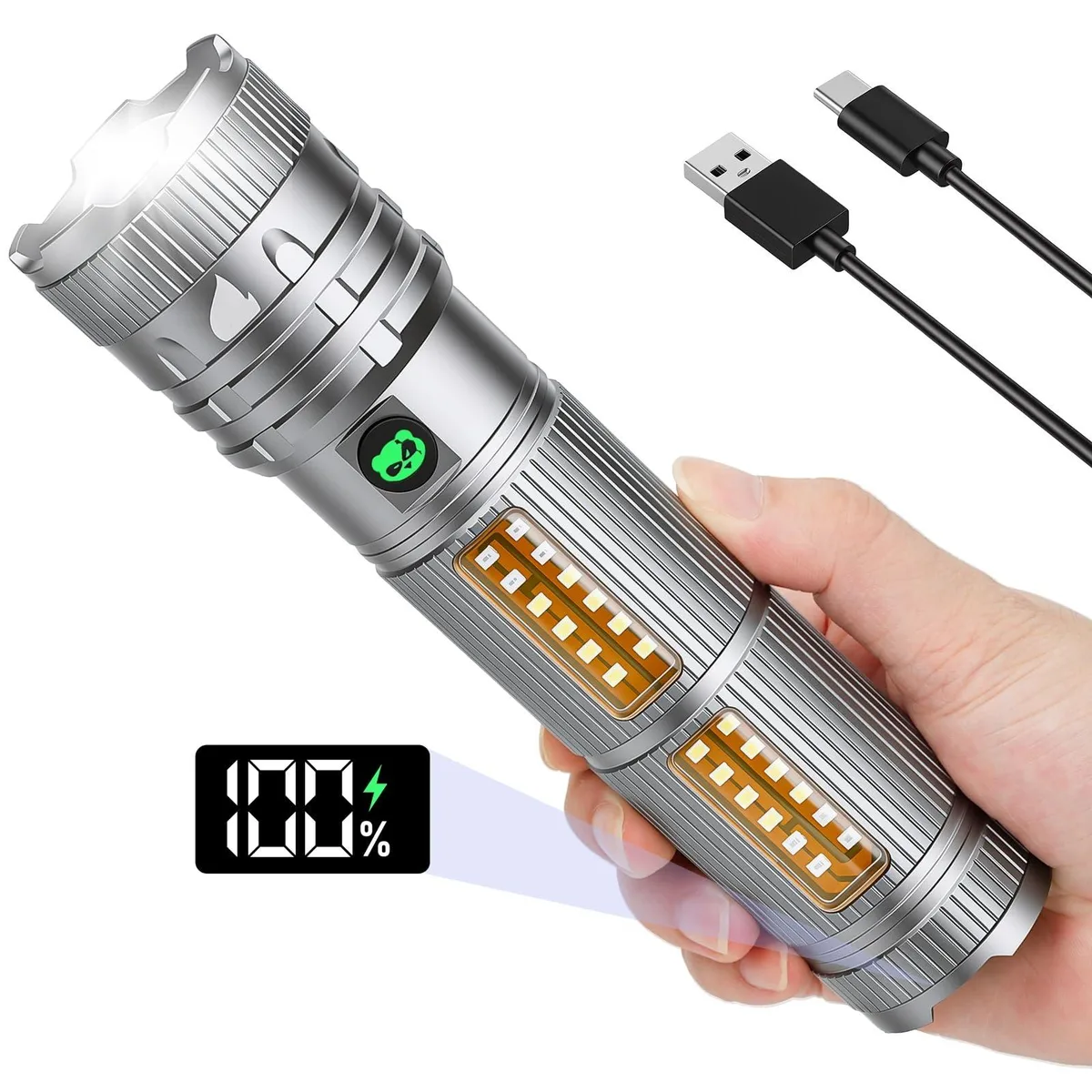 Black cylindrical flashlight with textured aluminium body and USB-C port