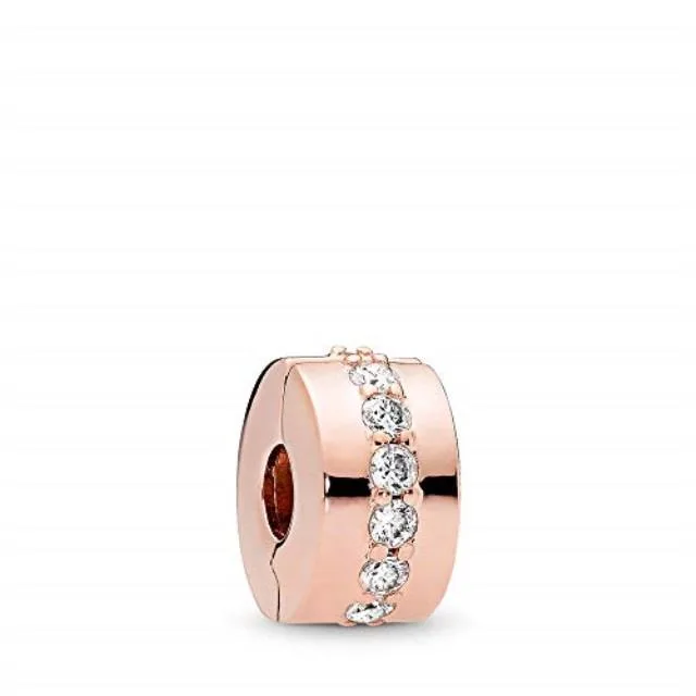 Angular rose gold spacer with central line of clear cubic zirconia stones