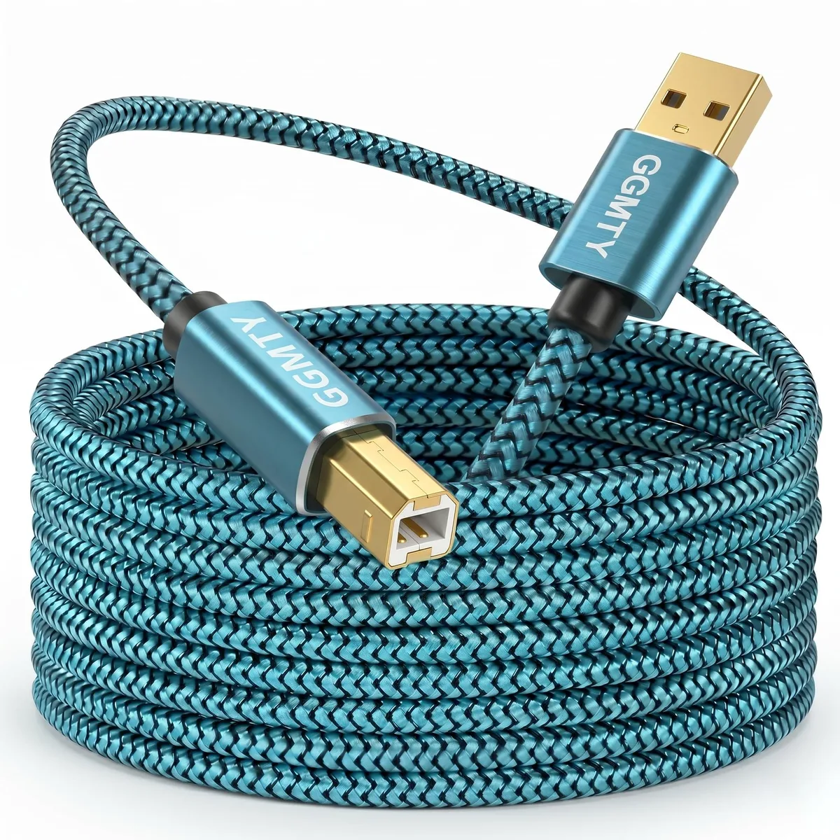Blue nylon-braided USB 2.0 Type A to B male cable, 15 ft long, gold-plated connectors