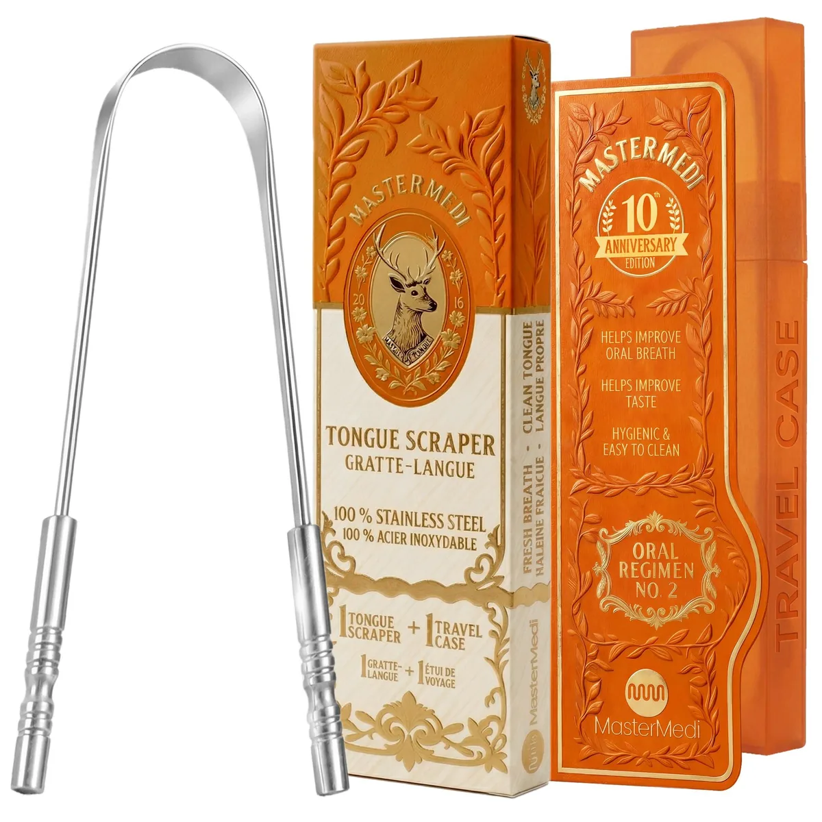 Stainless steel U-shaped tongue scraper with two handles and a travel case