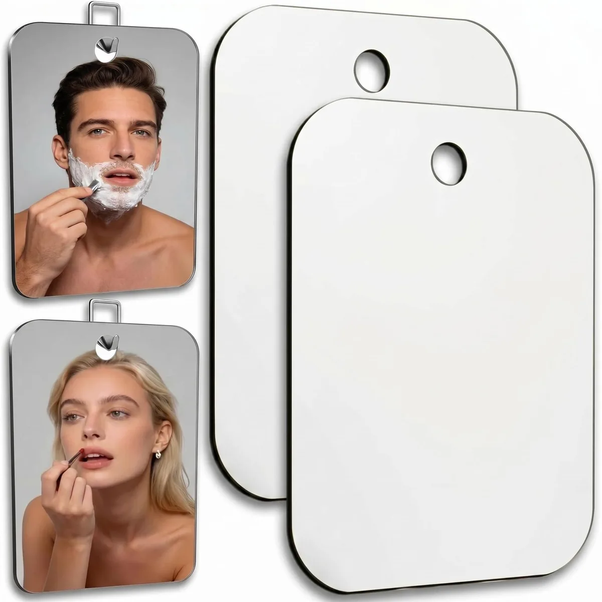 Two rectangular silver acrylic mirrors with adhesive hooks