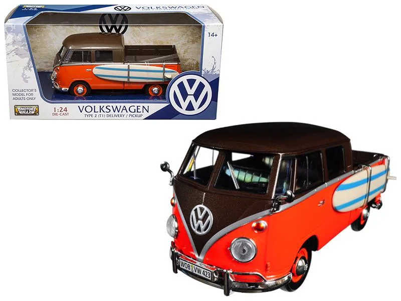 MOTORMAX MOTORMAX Volkswagen Type 2 (T1) Pickup with Surfboard Brown &amp; Orange 1/24 Diecast Hobby Collectible — product photo