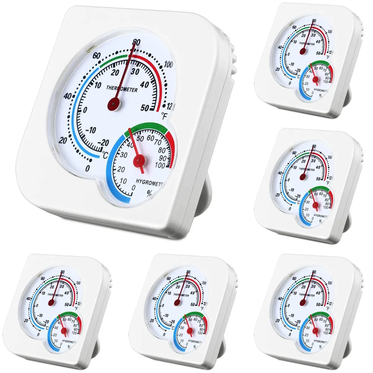 Six small white square dials with pointers and brackets on the back