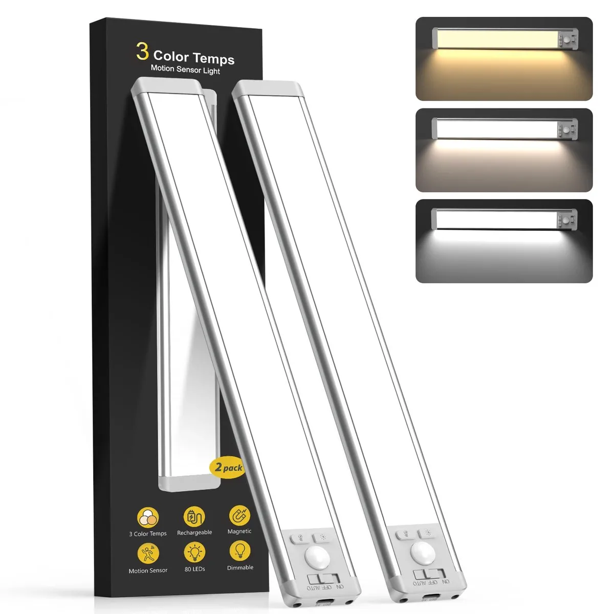 Two white 10 inch magnetic LED bars with clear prismatic covers, USB-C cords, adhesive plates and screws
