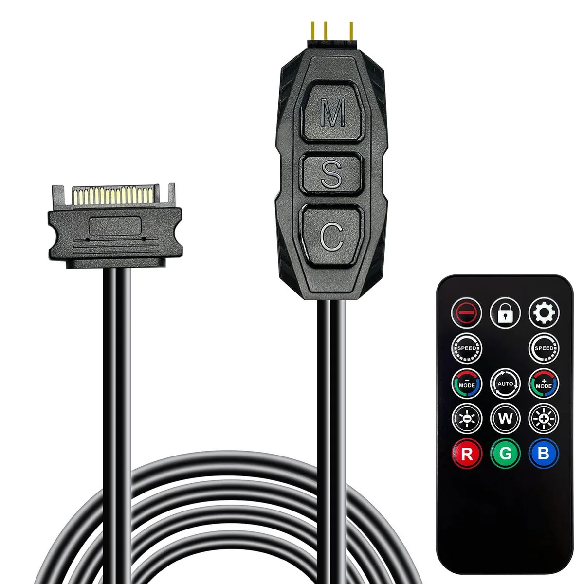 Black plastic ARGB controller hub and 14-key remote on a dark surface