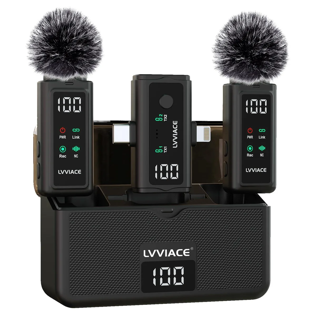 Two black clip-on microphones with charging case and receiver dongles
