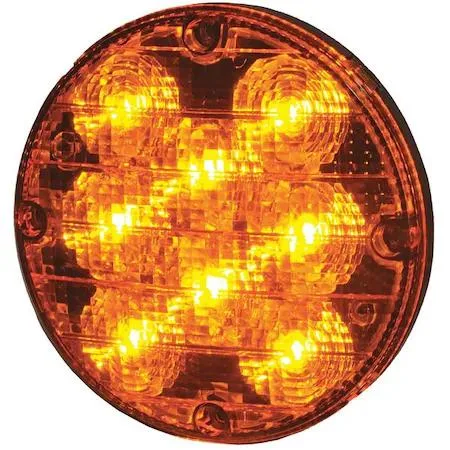 Amber LED warning light round polycarbonate housing 7.2 inches diameter blunt cut wires IP67 rating