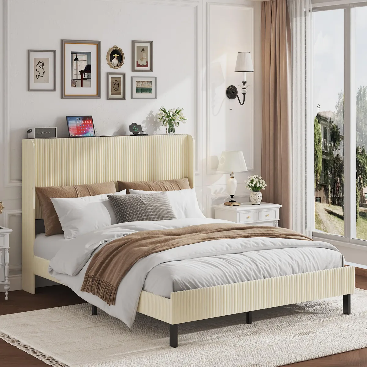 tuphen tuphen Queen Size Platform Bed with Charging Station Beige — product photo