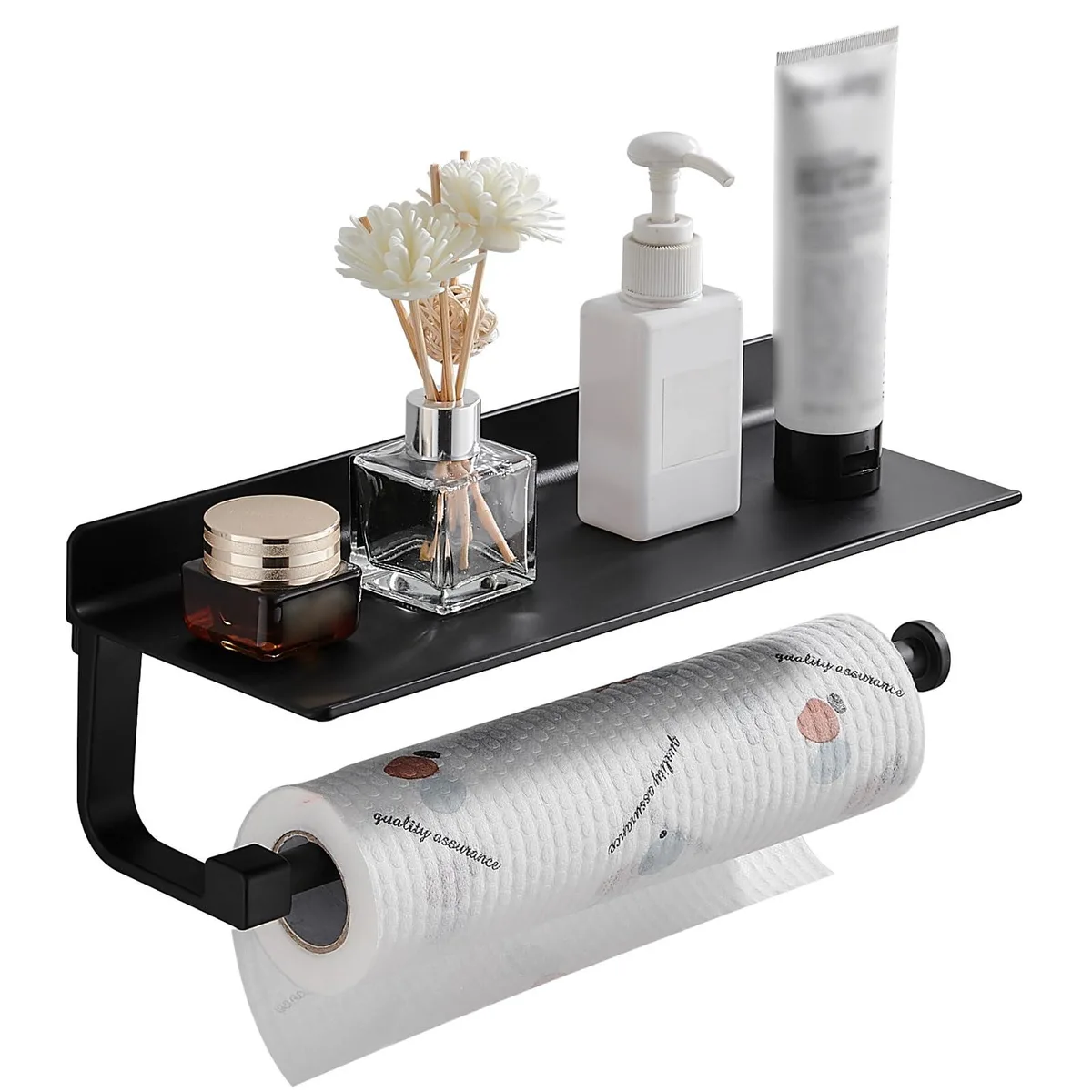 Matte black aluminium wall-mounted paper towel holder with top shelf, 13.1 by 4.9 by 4.5 inches