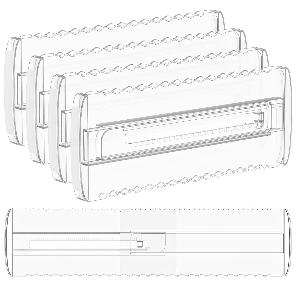 Four clear plastic drawer dividers with rubber ends, expandable from 10.2 to 16.5 inches, four inches high