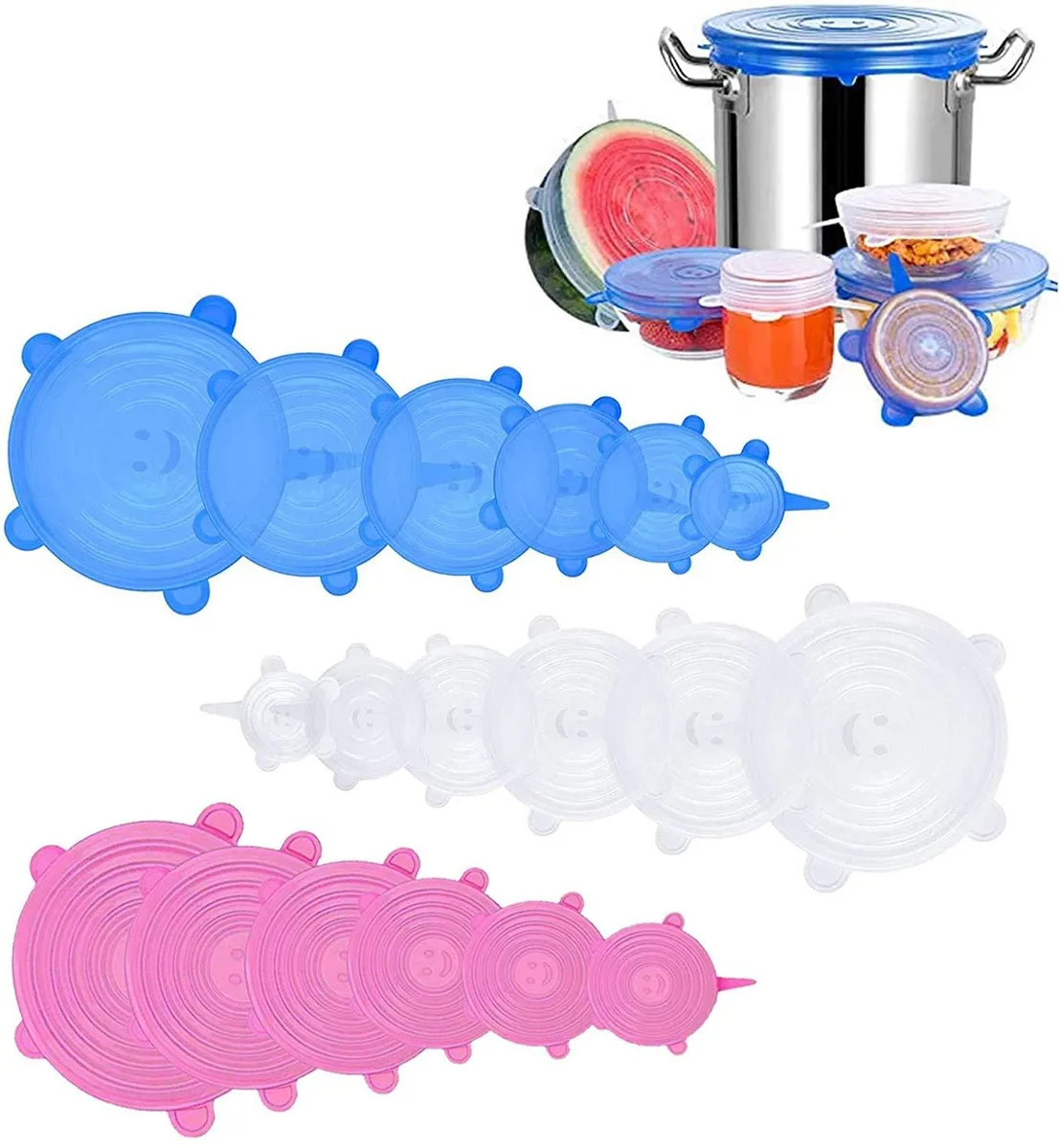 Eighteen silicone stretch lids in six sizes, translucent round discs on a light surface
