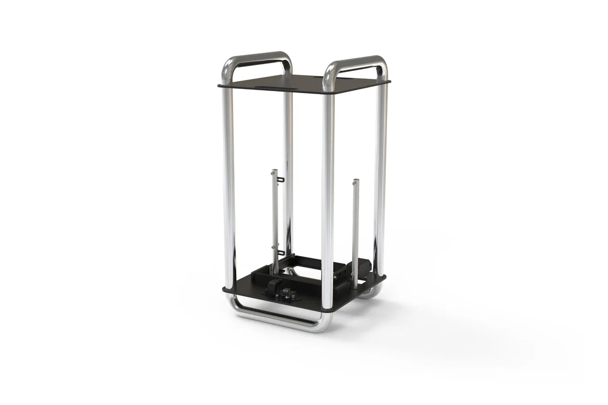 Vertical open-frame ITX chassis, polished chrome aluminium tubes forming frame feet and handles