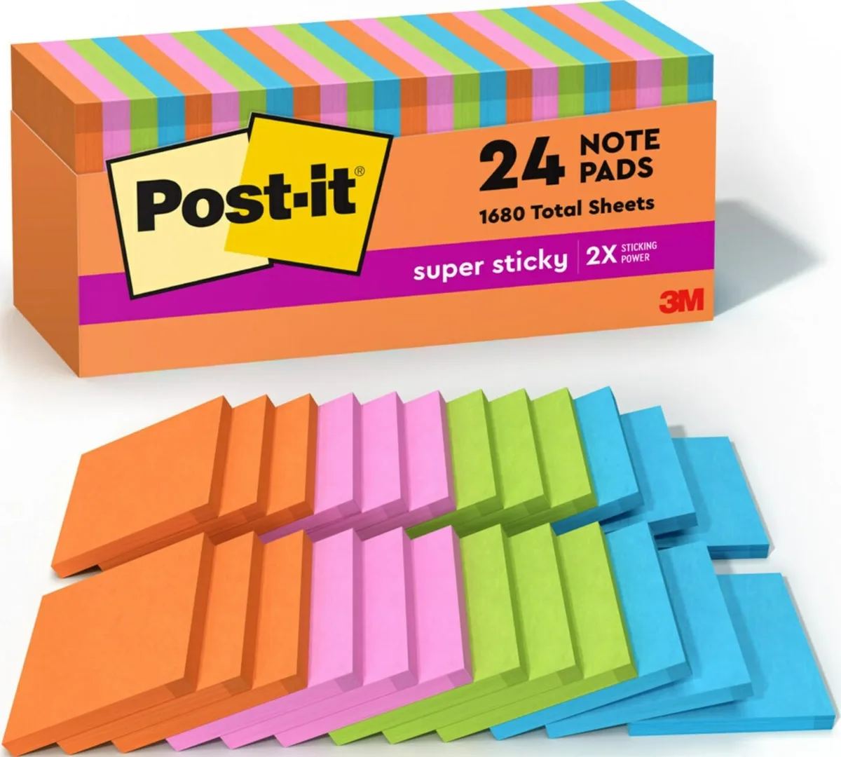 Pack of 24 square neon sticky note pads in paperboard carton