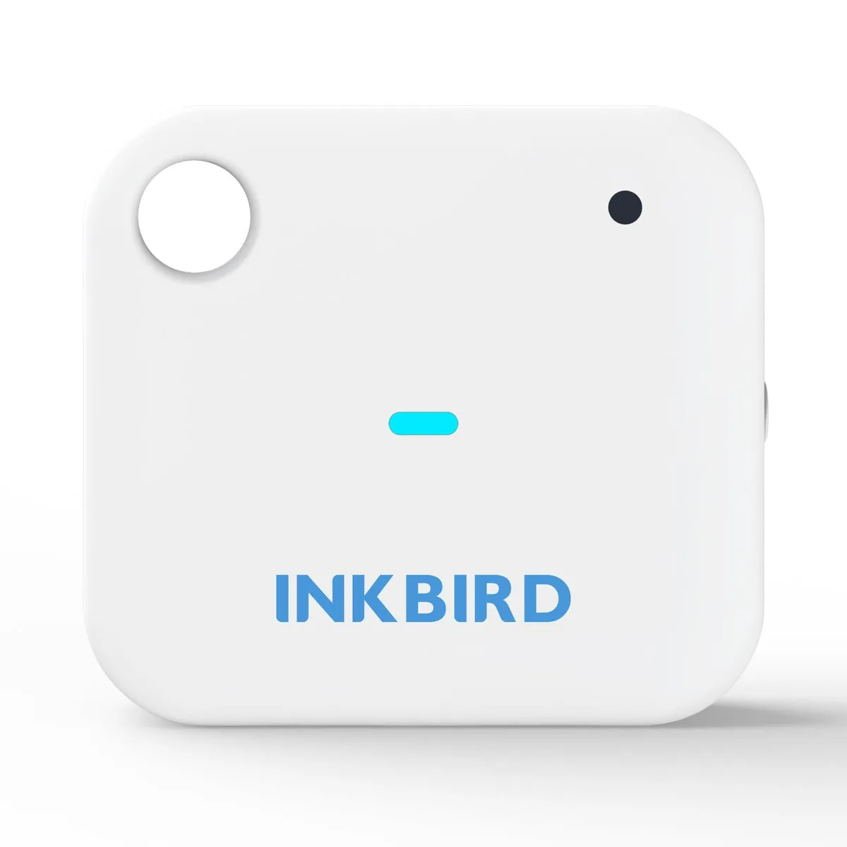 Black rectangular sensor with lanyard hole and white display