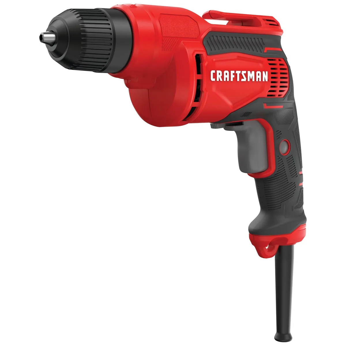 Red and black corded 3/8-inch drill with keyless chuck and variable speed trigger