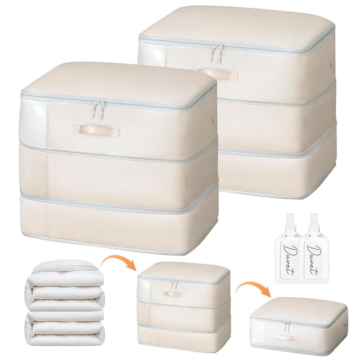 Two beige fabric storage bags with metal valves and dual handles, shown folded flat
