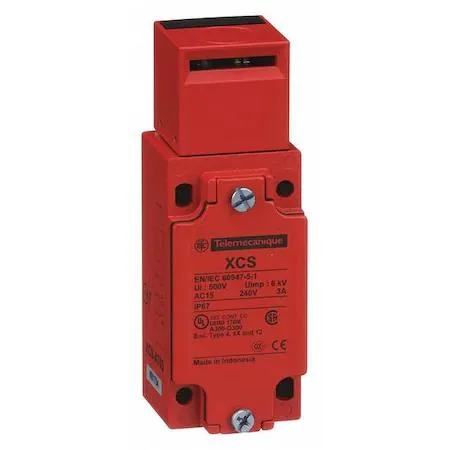 Compact rectangular metal safety interlock switch with conduit entry and actuating key slot