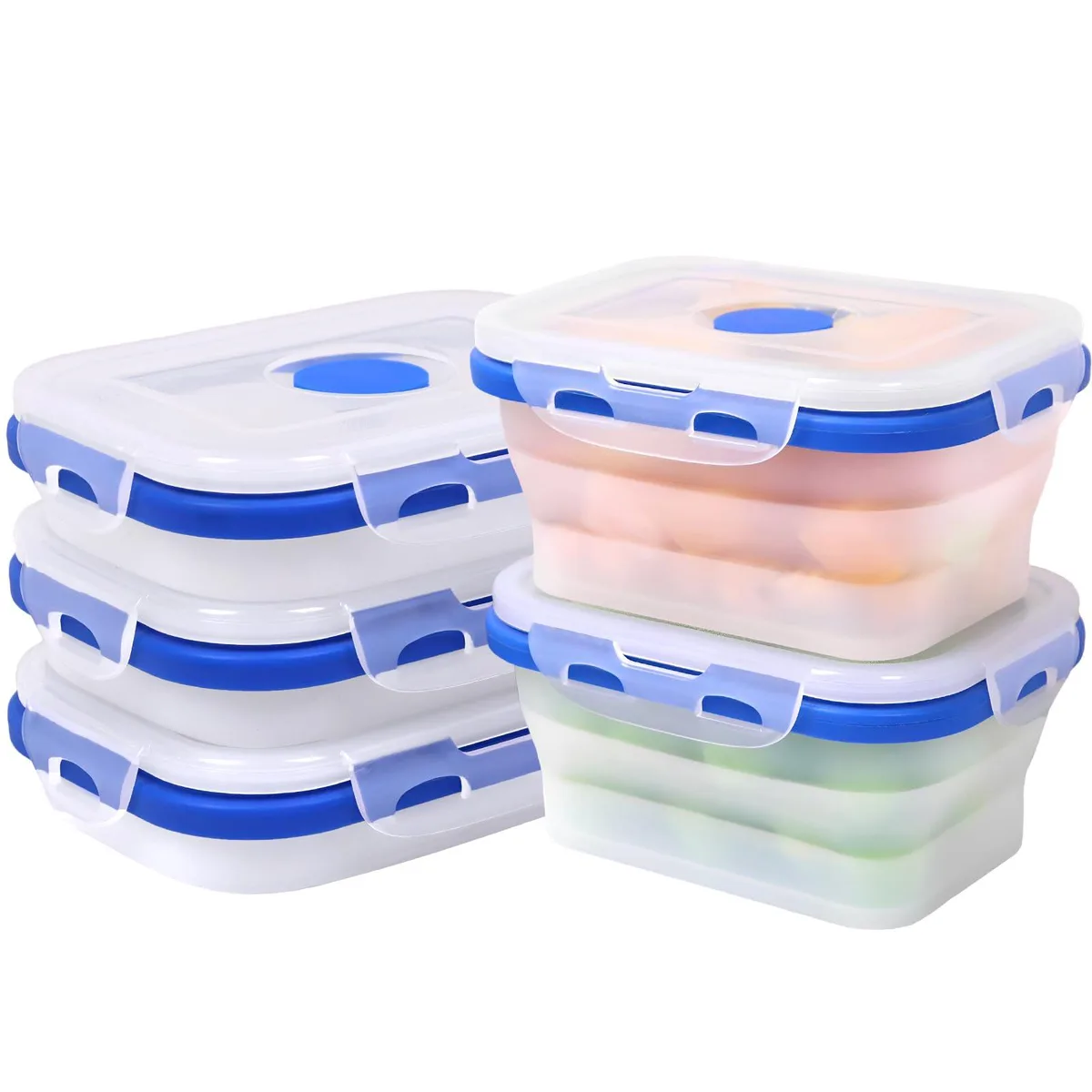 Five collapsible red translucent silicone containers with lids